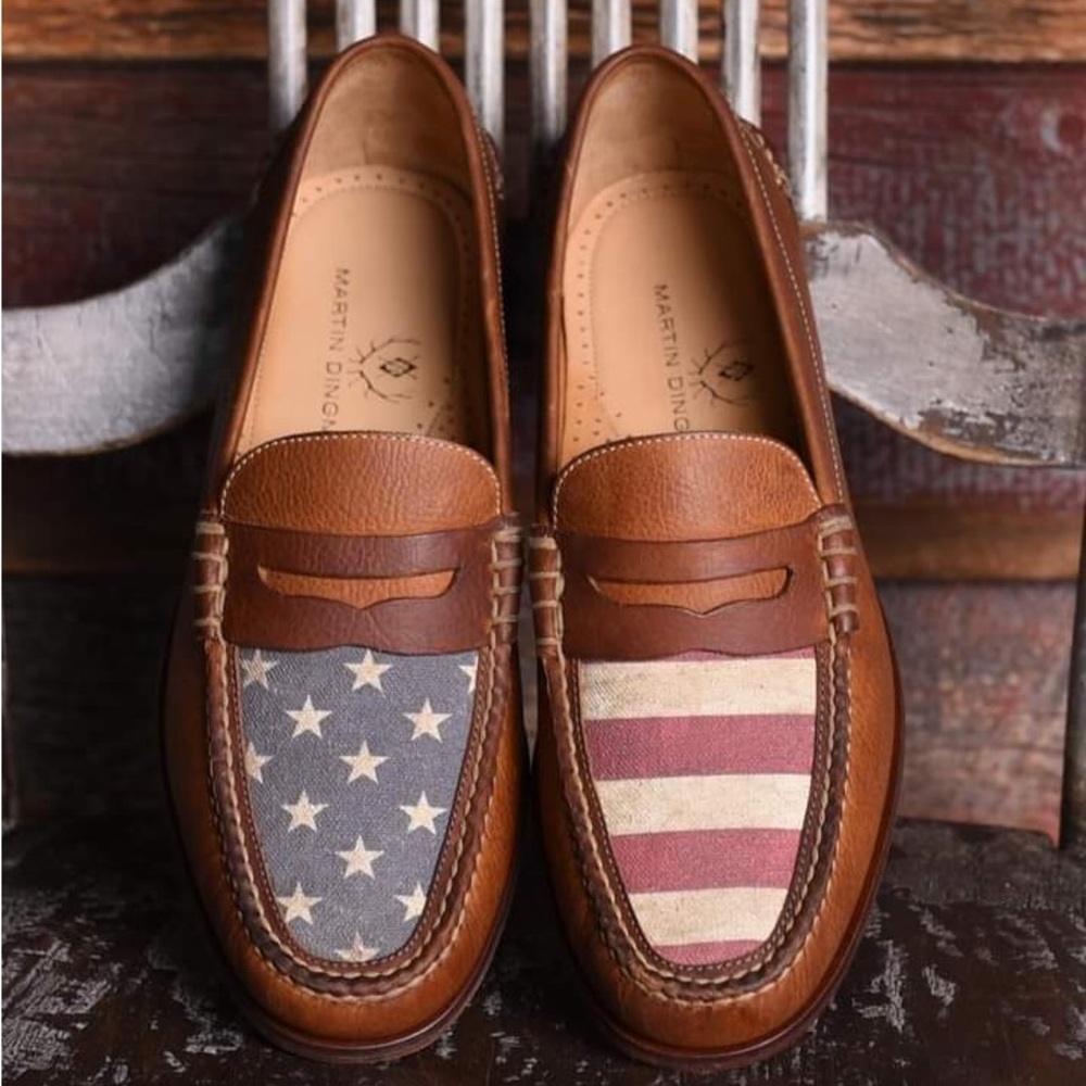 Men’s Martin Dingman Brown American Flag Penny loafers size 11